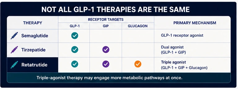 Comparison of semaglutide tirzepatide and retatrutide receptor targets showing GLP-1 GIP and glucagon pathways